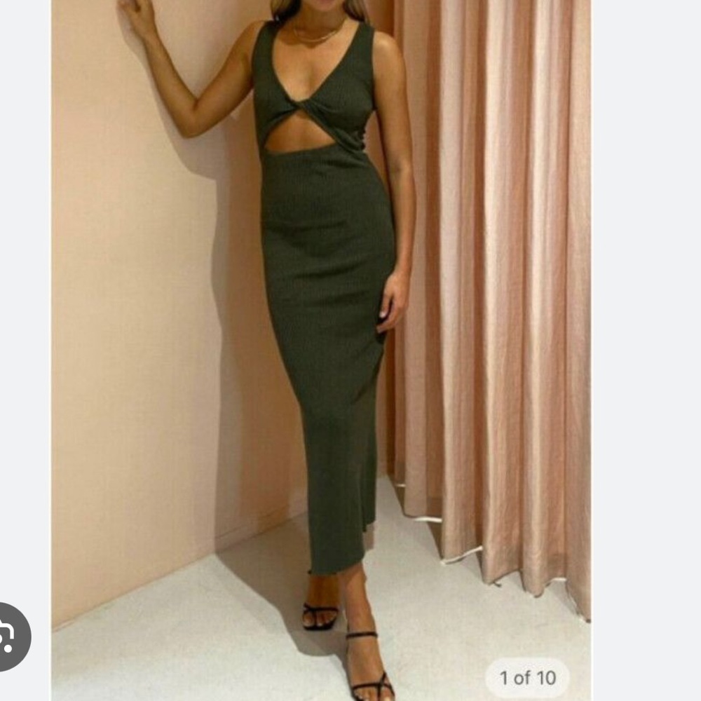 Bec & Bridge Khaki Riviera Midi Dress size US 6 UK 10 ribbed knit